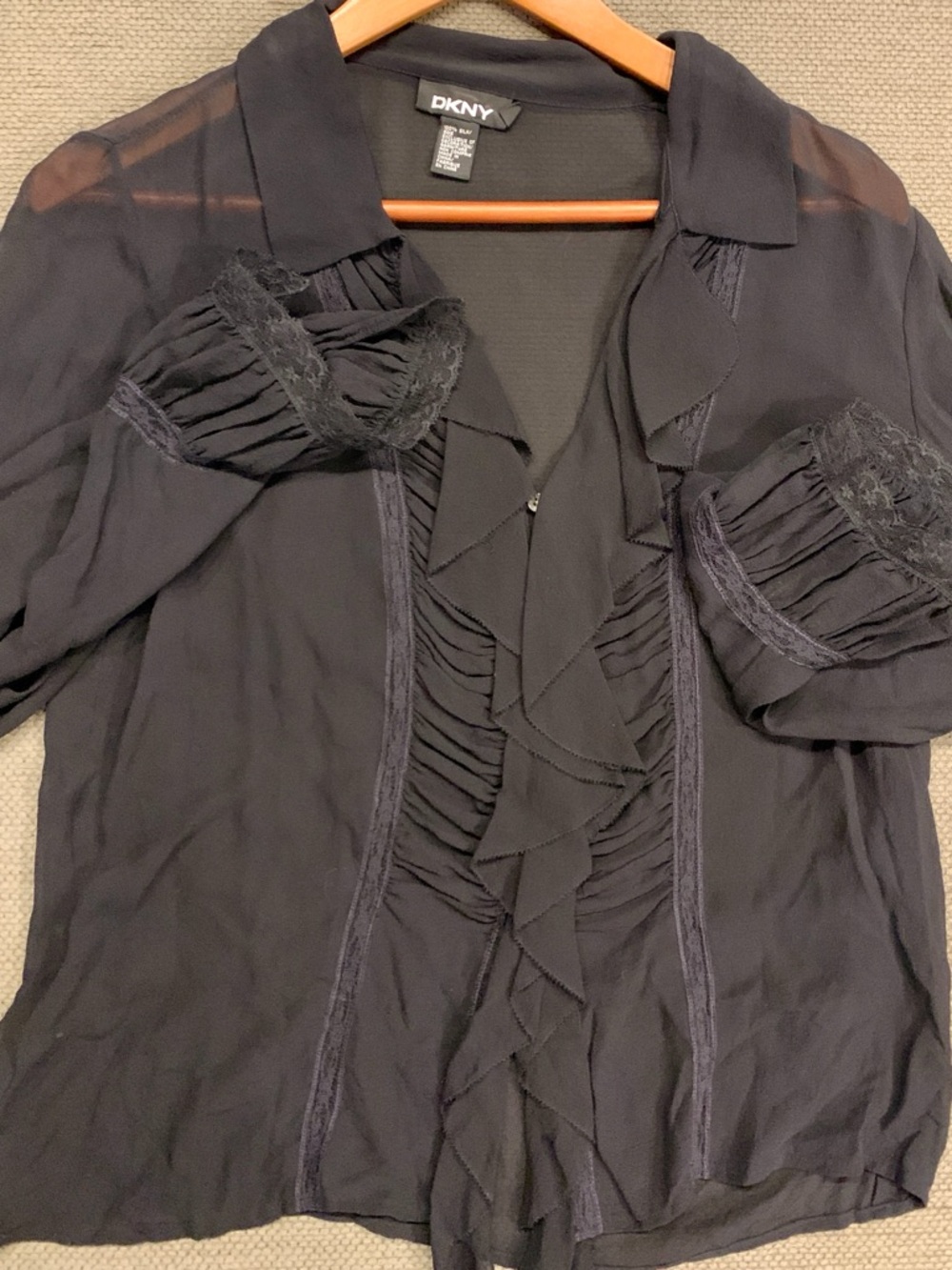 DKNY Black Ruffle-Front Sheer Button Blouse
